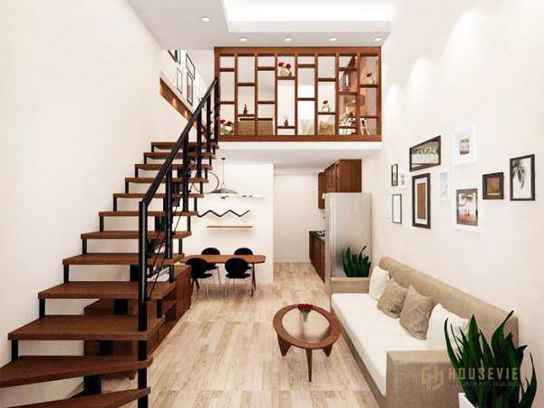 Gác lửng được bố trí hài hòa với không gian mà không ảnh hưởng đến diện tích căn nhà