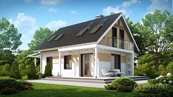 Mặt tiền nhà cấp 4 mái thái có gác lửng được xây dựng cuón hút, phủ màu xanh tự nhiên