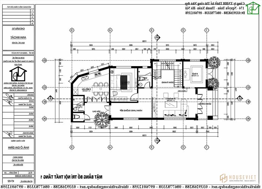 Mặt bằng nội thất tầng 1 biệt thự 2 tầng mái thái NDBT2T94 Bố trí nội thất tầng 1