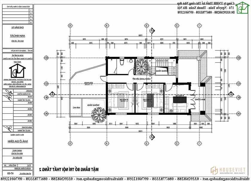 Mặt bằng tầng 2 với 3 phòng ngủ liền kề