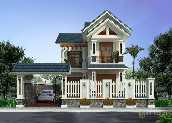 Mẫu nhà 2 tầng mái thái có gara ô tô.