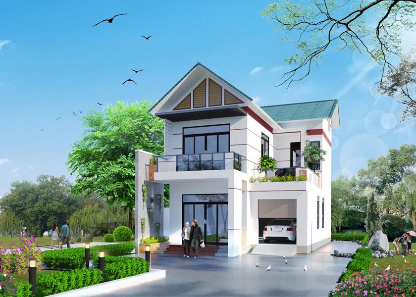Nhà 2 tầng mái thái có gara ô tô.