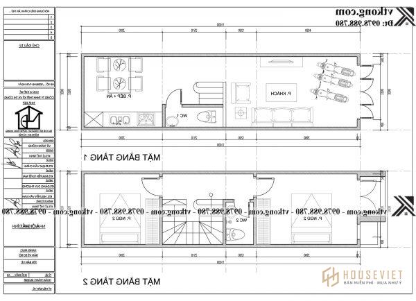 Bản vẽ mặt bằng nhà phố 2 tầng mặt tiền 3m.  mặt tiền