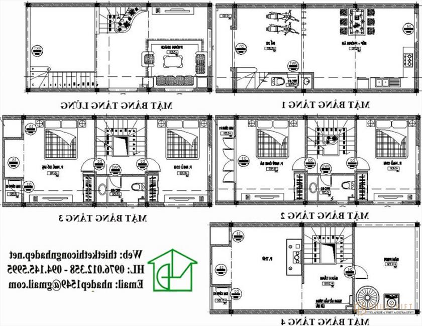 Bản vẽ mặt bằng nhà phố 4 tầng có gác lửng NDNP4T4