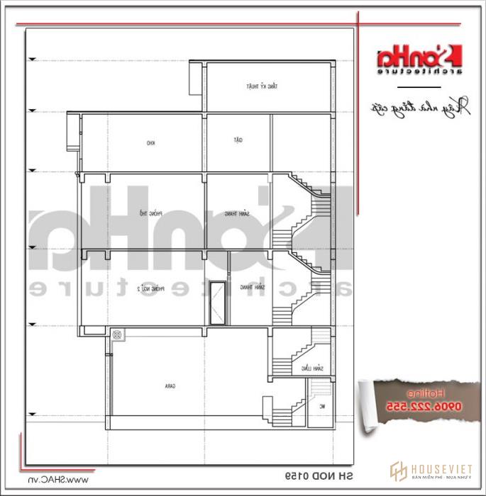 Mặt đứng trục 1-1 bản thiết kế nhà phố hiện đại đẹp sh nod 0159