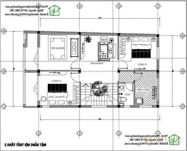 Mặt bằng tầng 2 mẫu nhà ống 3 tầng đẹp NDNP3T12