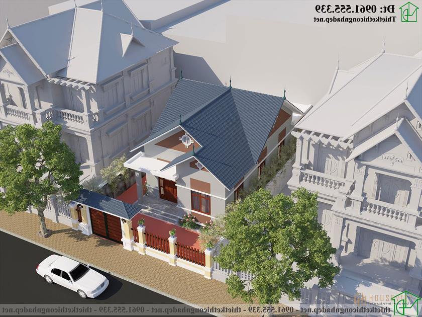 Hình ảnh 3D mặt tiền nhà cấp 4 khi nhìn từ trên cao