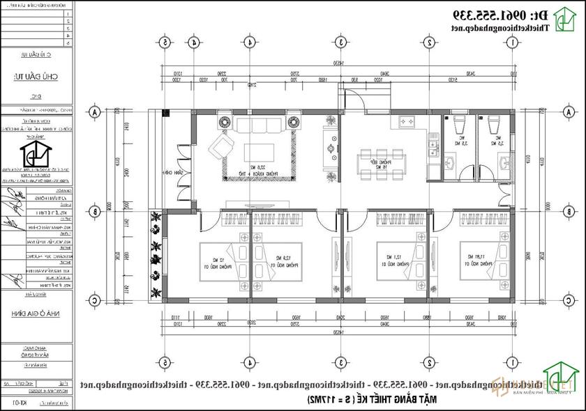 Phương án nội thất nhà cấp 4 mái thái 4 phòng ngủ 8x14m NDNC4168