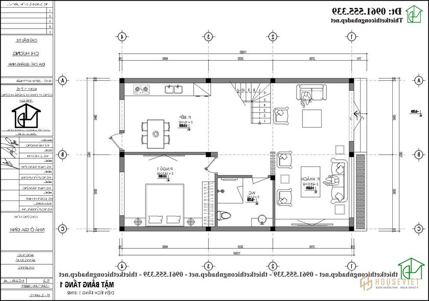 Bản vẽ mặt bằng tầng 1 nhà phố 2 tầng 7x11m tại Quảng Ninh NDNP2T30