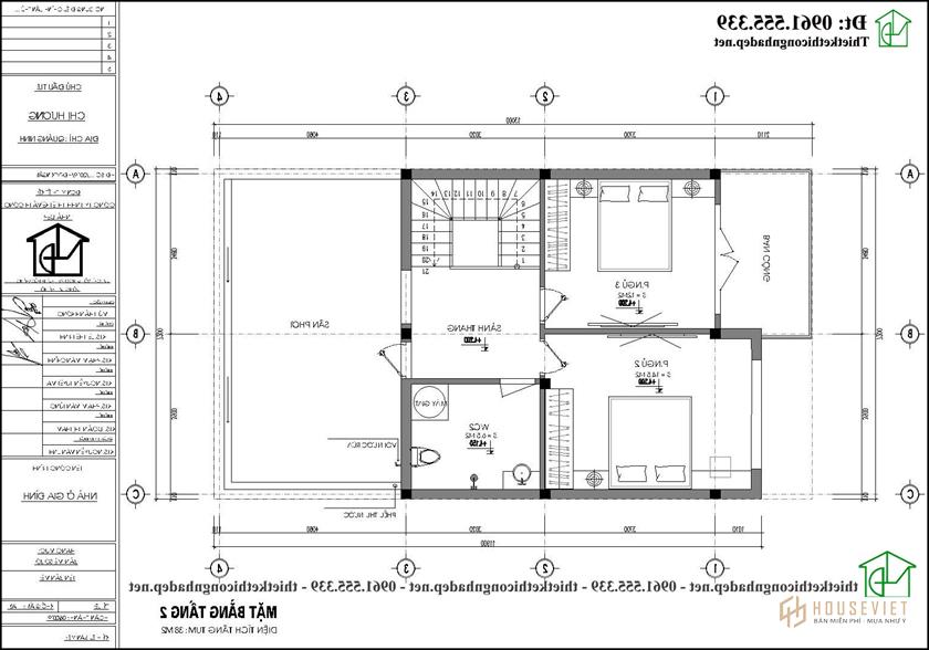 Bản vẽ mặt bằng tầng 2 nhà phố 2 tầng 7x11m tại Quảng Ninh NDNP2T30
