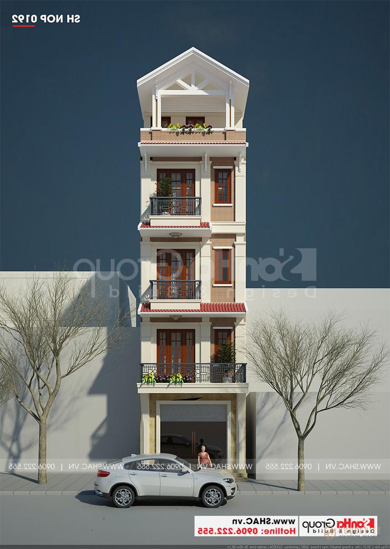 Mẫu thiết kế nhà ống 5 tầng tân cổ điển kết hợp kinh doanh tại Hà Nội - SH NOP 0192 17 Kiến trúc nhà ống 5 tầng mái thái, mặt tiền 4m47 rộng rãi, chiều sâu 15,5m chắc chắn mang đến không gian sinh hoạt và kinh doanh ý nghĩa cho gia đình chủ đầu tư.