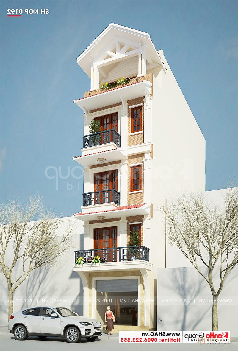 Mẫu thiết kế nhà ống tân cổ điển 5 tầng kết hợp kinh doanh tại Hà Nội - SH NOP 0192 19 Nhìn từ mọi góc độ, kiến trúc của ngôi nhà ống 5 tầng mang vẻ đẹp tân cổ điển nhẹ nhàng nhưng vẫn đủ sức hạ gục mọi ánh nhìn.
