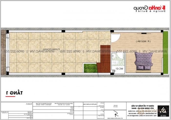 Mẫu thiết kế nhà ống tân cổ điển 5 tầng kết hợp kinh doanh tại Hà Nội - SH NOP 0192 20 Chi tiết mặt bằng công năng tầng 1 mẫu nhà tân cổ điển mặt tiền 4,47m dài 15,5m tại Hà Nội