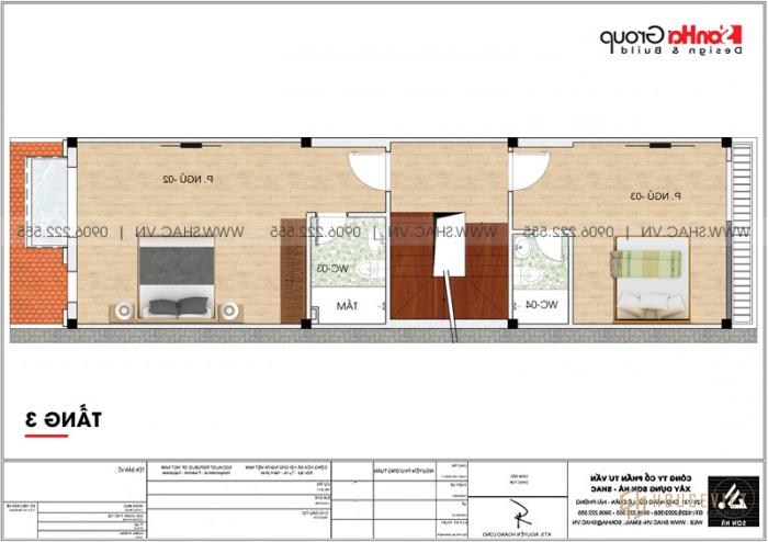 Mẫu thiết kế nhà ống 5 tầng tân cổ điển kết hợp kinh doanh tại Hà Nội - SH NOP 0192 22 Chi tiết mặt bằng công năng tầng 3 mẫu nhà tân cổ điển mặt tiền 4,47m dài 15,5m tại Hà Nội