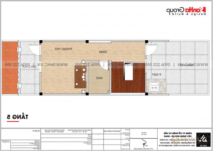 Mẫu thiết kế nhà ống tân cổ điển 5 tầng kết hợp kinh doanh tại Hà Nội - SH NOP 0192 24 Chi tiết mặt bằng công năng tầng 5 mẫu nhà tân cổ điển mặt tiền 4,47m dài 15,5m tại Hà Nội