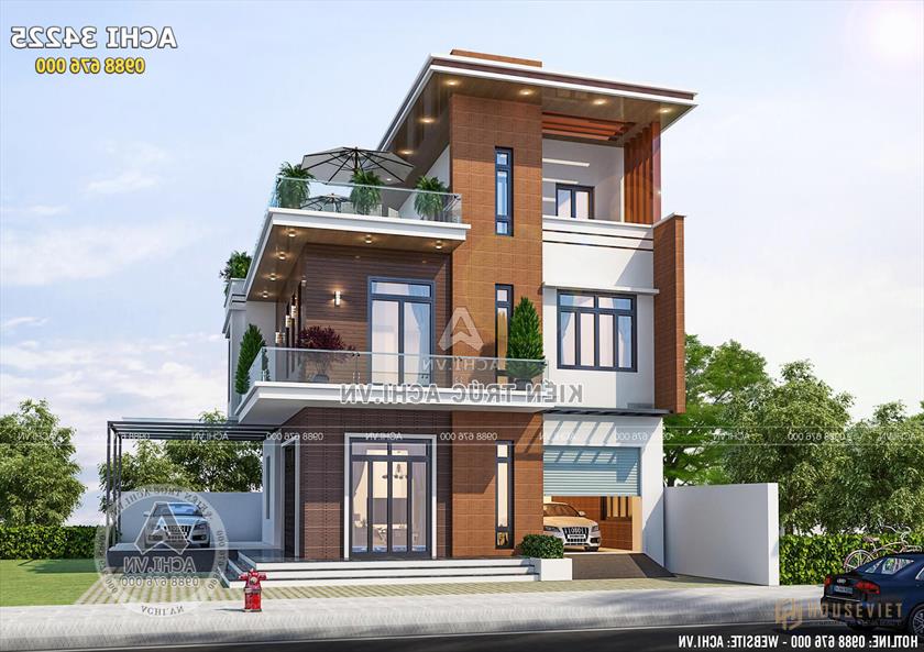 Không gian mặt tiền biệt thự 3 tầng kiến trúc hiện đại, ngoại thất ốp gỗ đẹp