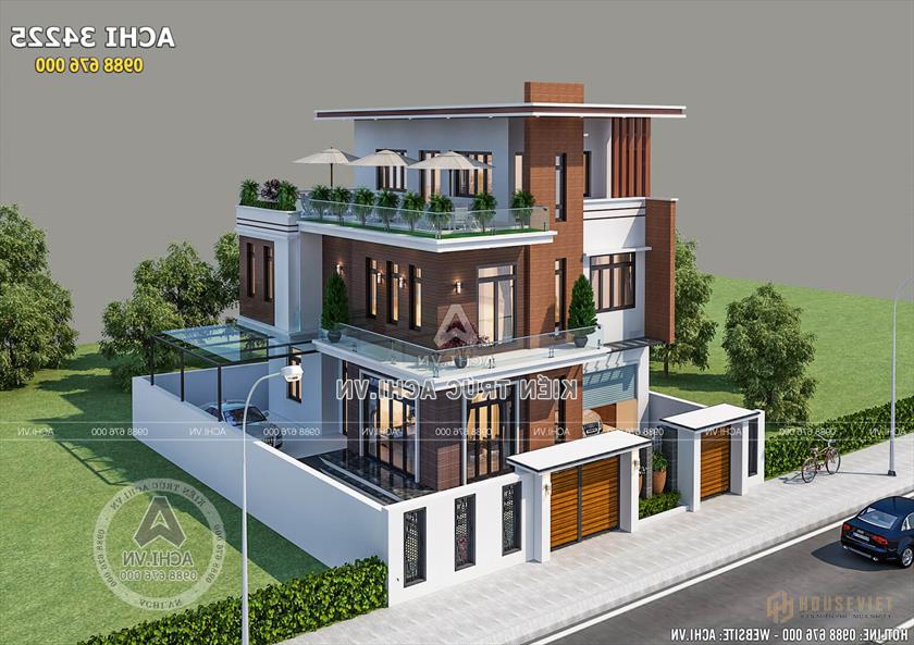 Tổng quan mẫu thiết kế biệt thự 2,5 tầng mặt tiền 10m ốp gỗ đẹp - Mã số: ACHI 34225