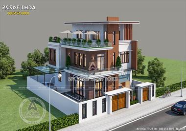 Mẫu thiết kế biệt thự 2,5 tầng mặt tiền 10m ốp gỗ đẹp - Mã số: ACHI 34225