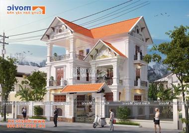 Mẫu nhà chữ L 3 tầng kiểu Pháp cổ điển mái thái đẹp lộng lẫy - MV18339