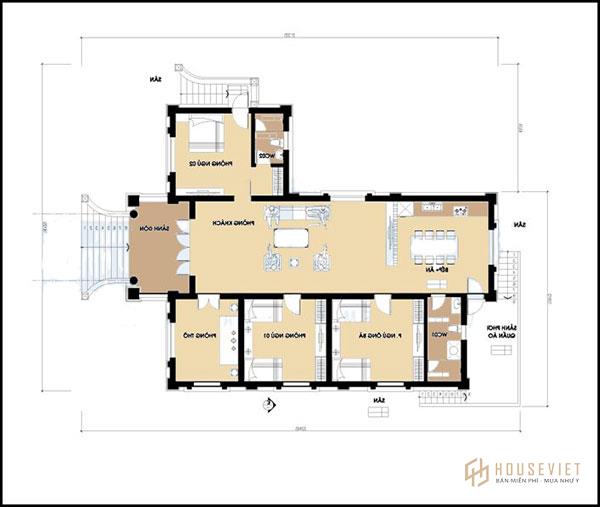Bản vẽ biệt thự 1 tầng 3 phòng ngủ