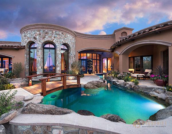 Mẫu thiết kế nhà biệt thự 1 tầng đẹp có bể bơi hiện đại, sáng tạo