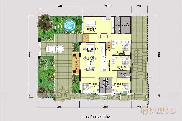 Bản vẽ biệt thự 1 tầng 4 phòng ngủ với cách bố trí khoa học, hiện đại