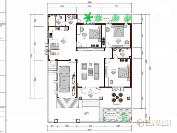 Bản vẽ mặt bằng mẫu nhà biệt thự 1 tầng 3 phòng ngủ mái thái đẹp, hiện đại