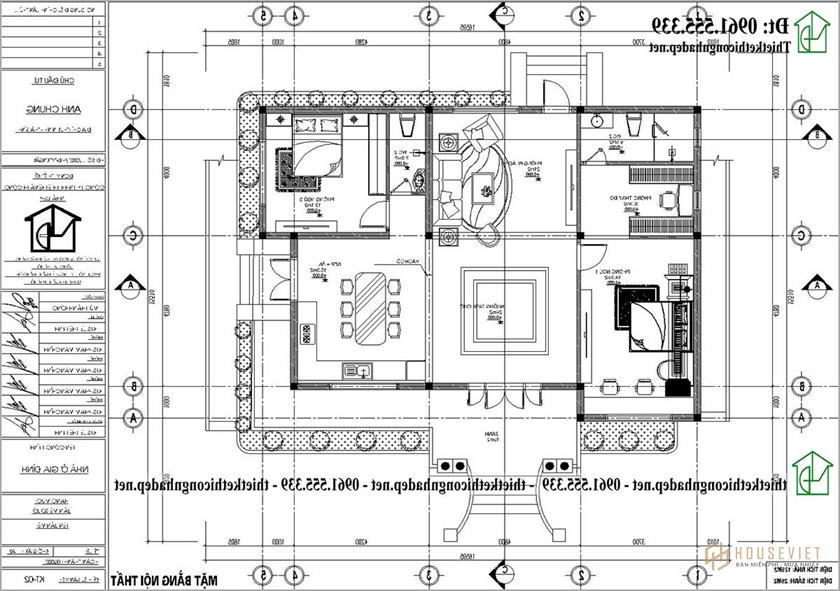 Mặt bằng tầng 1 mẫu nhà vườn 1 tầng tân cổ điển 15x10m tại Thái Bình NDBT1T127