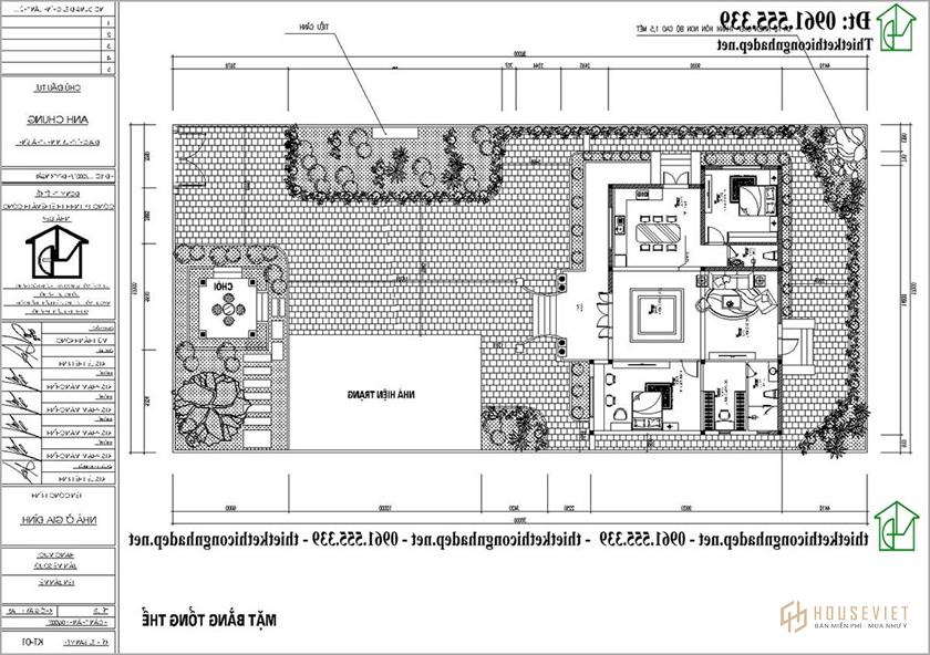 Mặt bằng tổng thể mẫu nhà vườn 1 tầng tân cổ điển 15x10m tại Thái Bình NDBT1T127