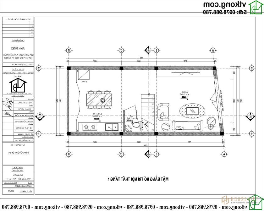 Mặt bằng công năng tầng 1 mẫu nhà ống 2 tầng mái bằng 4,5x10m NP2T009