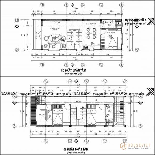 bản vẽ mặt bằng nhà ống 2 tầng mái thái 5x15m