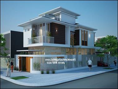 Kiểu nhà 2 mặt tiền lô góc 2 tầng đẹp hiện đại vừa vẽ cho anh Triệu