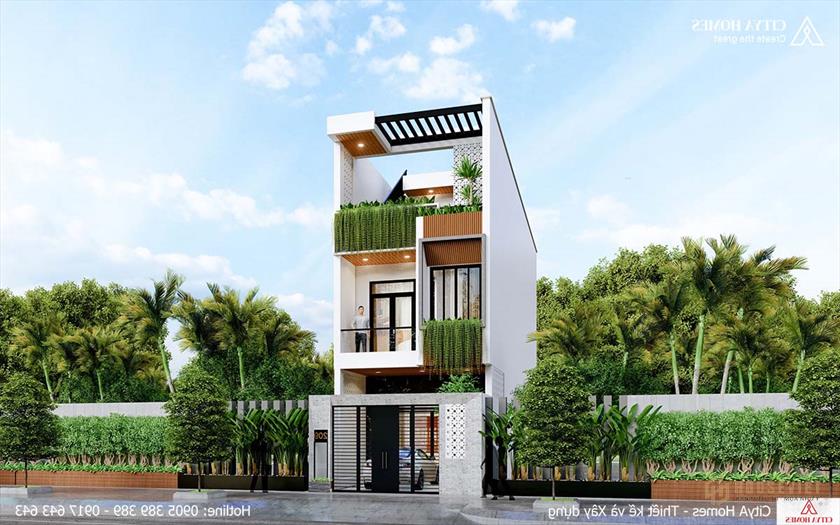 Phối cảnh mặt tiền nhà phố không gian xanh