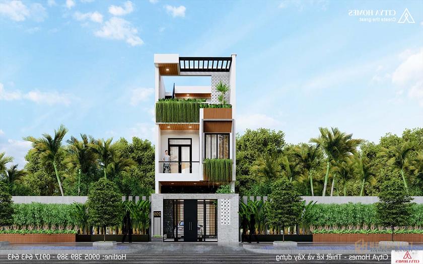 Mặt tiền nổi bật với những hình khối đặc biệt của mẫu nhà 2 tầng 1 tum