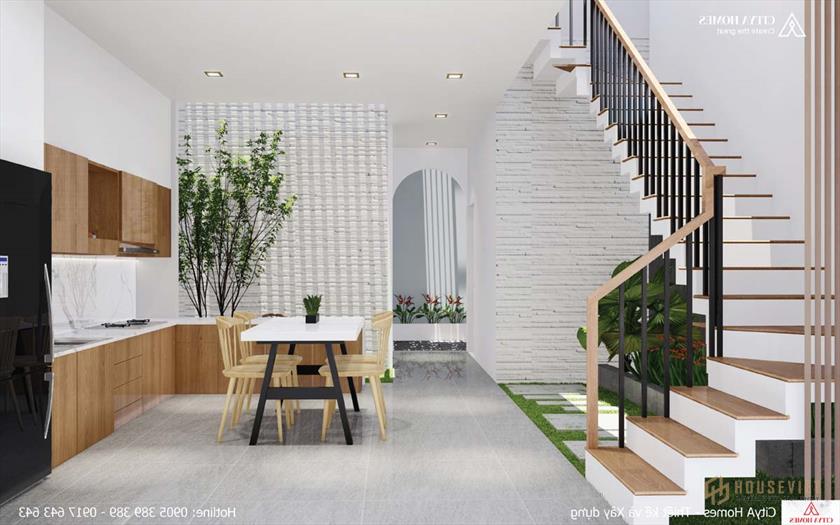 Phòng bếp kết hợp với cây xanh tươi mát