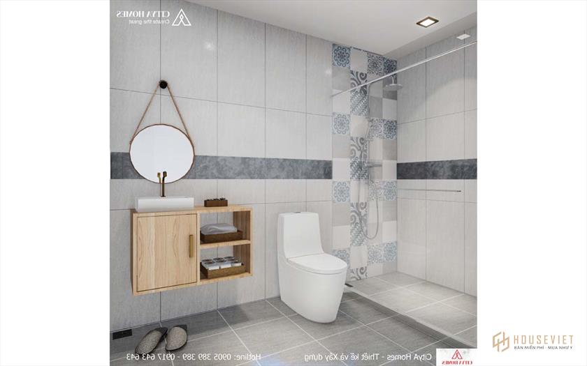 Phòng tắm được thiết kế nội thất đơn giản nhưng tạo được điểm nhấn rõ ràng