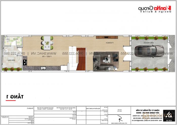 Mẫu thiết kế nhà ống 3 tầng hiện đại 5x15m đẹp tại Hải Phòng - SH NOD 0203 34 Bản vẽ mặt bằng tầng 1 mẫu nhà ống 3 tầng 3 phòng ngủ hiện đại tại Hải Phòng