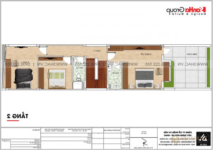 Mẫu thiết kế nhà ống 3 tầng hiện đại 5x15m đẹp tại Hải Phòng - SH NOD 0203 35 Bản vẽ mặt bằng tầng 2 mẫu nhà ống 3 tầng 3 phòng ngủ hiện đại tại Hải Phòng