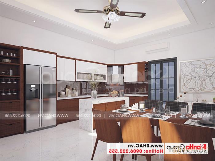 Mẫu thiết kế nhà ống 3 tầng hiện đại 5x15m đẹp tại Hải Phòng - SH NOD 0203 39 Không gian bếp đẹp và sang trọng với bàn ghế gỗ được tạo hình tinh tế