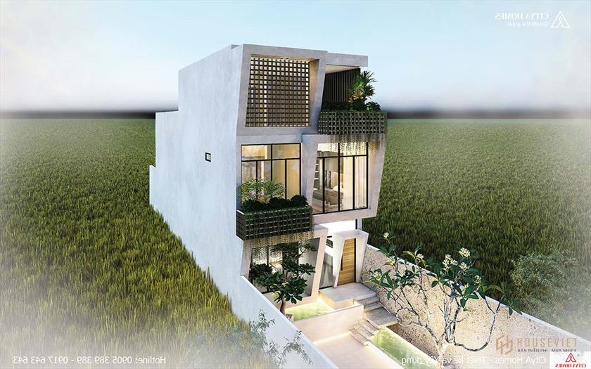 Phối cảnh 2D nhà phố 3 tầng có bể bơi