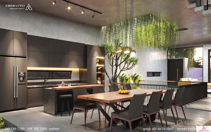 Phòng bếp tràn ngập ánh sáng nhờ hệ thống giếng trời phía trên