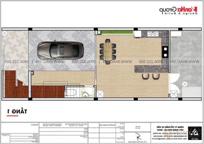 Mẫu nhà ống 4 tầng đẹp hiện đại có gara tại Hà Nội - SH NOD 0202 19 Bản vẽ mặt bằng công năng tầng 1 nhà ống hiện đại mặt tiền 6m tại Hà Nội