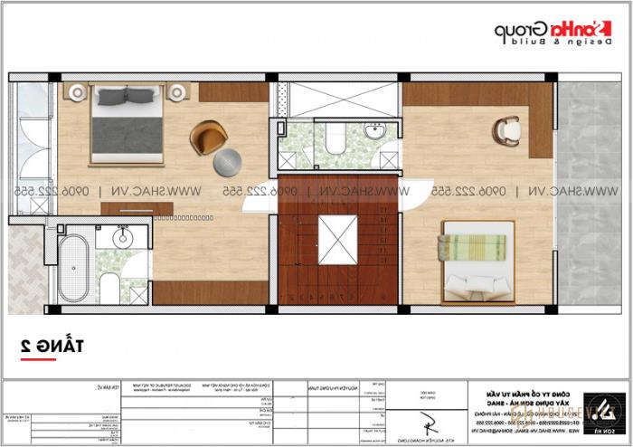 Mẫu nhà ống 4 tầng đẹp hiện đại có gara tại Hà Nội - SH NOD 0202 21 Bản vẽ mặt bằng công năng tầng 2 nhà ống hiện đại mặt tiền 6m tại Hà Nội