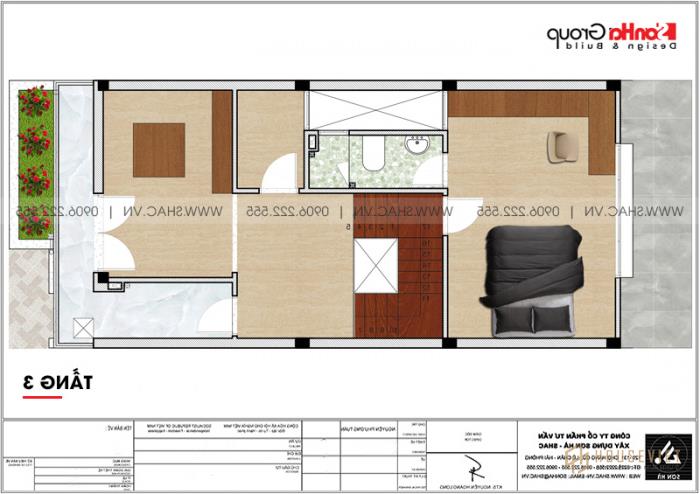 Mẫu nhà ống 4 tầng hiện đại đẹp có gara tại Hà Nội - SH NOD 0202 22 Bản vẽ mặt bằng công năng tầng 3 nhà ống hiện đại mặt tiền 6m tại Hà Nội