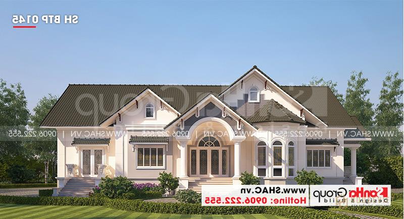 Biệt thự mái thái 1 tầng tân cổ điển diện tích 360m2 - SH BTP 0145 2 Kiến trúc tân cổ điển tạo nên sự sang trọng và tinh tế cho mẫu biệt thự 1 tầng mái thái mặt tiền 23,35m tại Vĩnh Long.