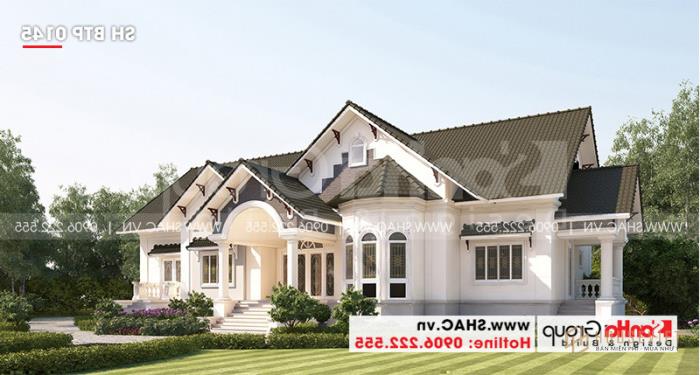 Biệt thự mái thái 1 tầng tân cổ điển diện tích 360m2 - SH BTP 0145 3 Phối cảnh biệt thự 1 tầng tân cổ điển nhẹ nhàng tại TP. Vĩnh long