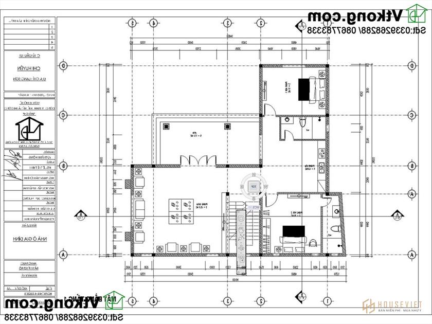 Bản vẽ mặt bằng tầng 1 của mẫu nhà 2 tầng hình chữ l mái thái.