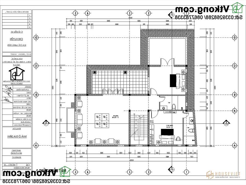 Bản vẽ mặt bằng tầng 2 mẫu nhà 2 tầng mái thái.