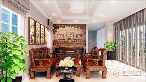 Ánh sáng vàng dịu nhẹ cho phòng khách kết hợp bàn thờ