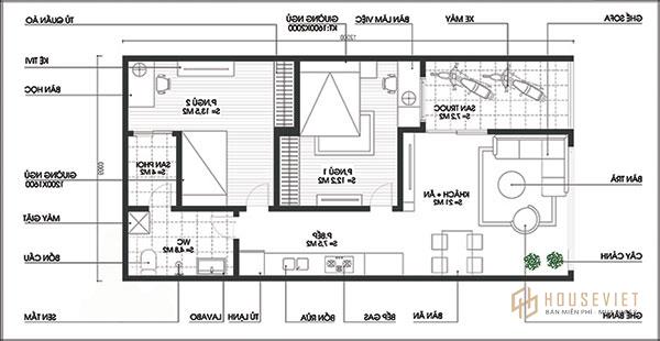Mẫu nhà 2 tầng đơn giản mặt tiền 45m 2 phòng ngủ kích thước 45x12  MS  26521